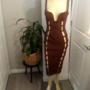 Elegant Brown Cut-Out Dress